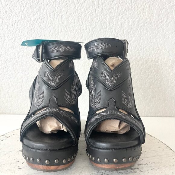 Lane Boots LEXINGTON Womens Black Wedges 6 Western Sandals Cowgirl Wooden Heel - Picture 5 of 11